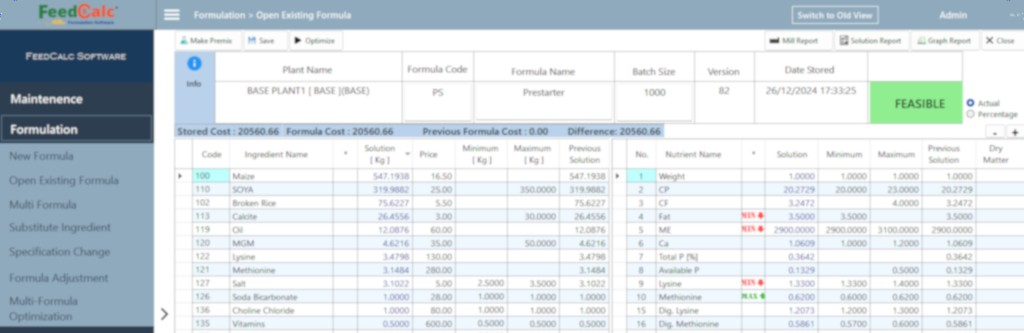 FeedCalc formula screen with a feasible prestarter formula