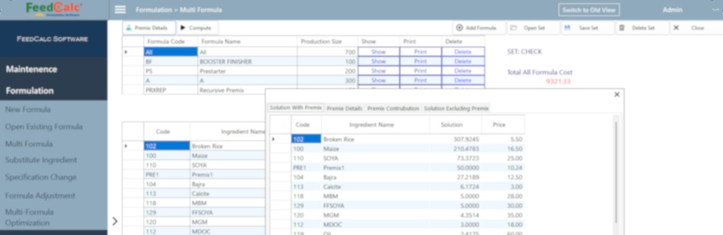 FeedCalc multi-formula screen with several formulas and a premix